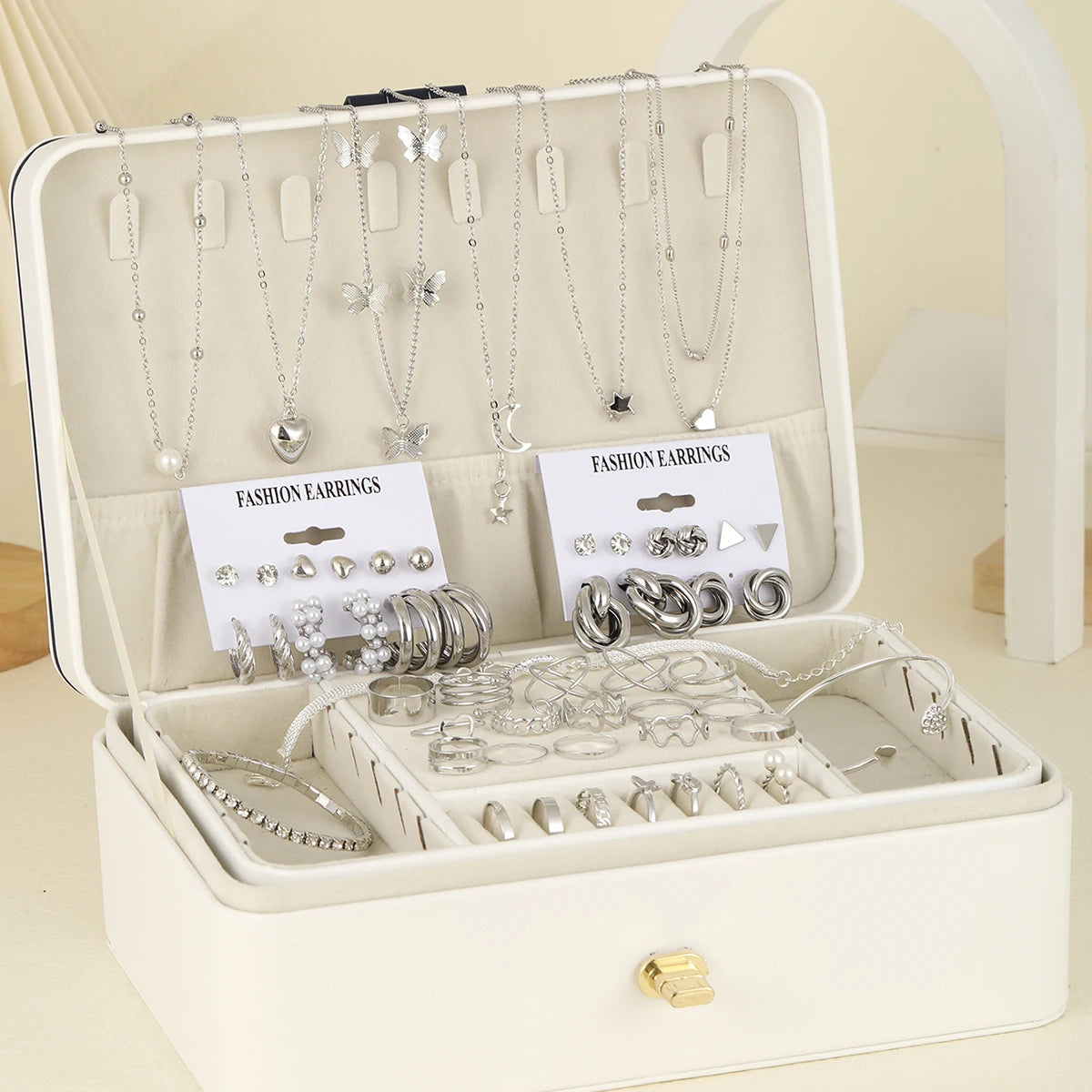 53 Pcs Boho Vintage Jewelry Sets for Women Elegant Silver Color Pearl Zircon Geometric Earring Ring Necklace Bracelet Daily Wear-Gennys fashion