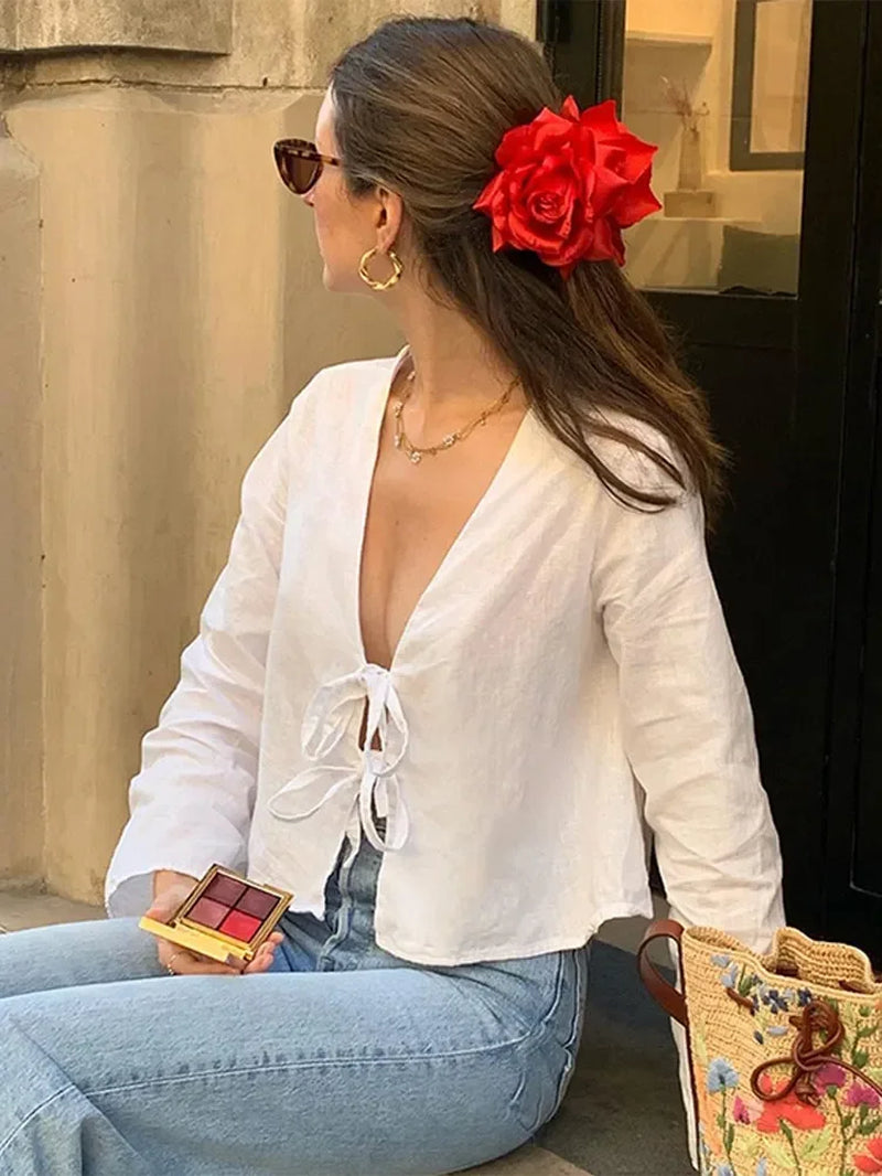 Elegant Loose Lace up White Shirt Women Fasion V Neck Long Sleeve Casual Tops 2024 Spring Chic New Female Commuting Blouse-Gennys fashion