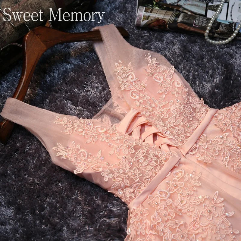 S0125 Prom Dress Short Pink Bridesmaid Dresses Beadings Sexy Neck Lace up Pearls Wedding Party Graduation Gowns-Gennys fashion