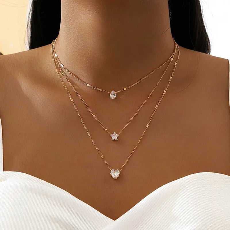 Crystal Zircon Heart Star Charm Layered Pendant Necklace Set for Women Charms Fashion Square Rhinestone Female Vintage Jewelry-Gennys fashion