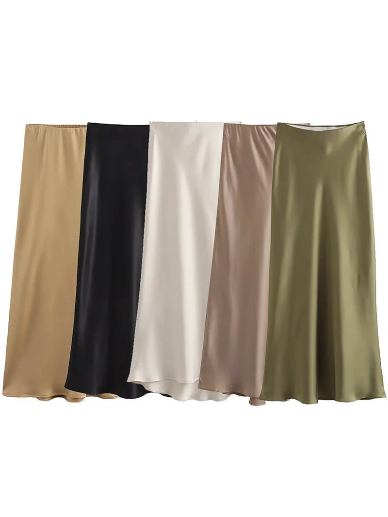 Women Fashion Satin Solid Pleated Midi Skirt Vintage Mid Elastic Waist Female Chic Lady Skirts-Gennys fashion