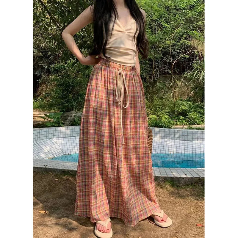 Vintage Y2K Plaid Skirts Women Harajuku Streetwear Drawstring Long Skirt Woman Summer Elastic High Waist A-Line Skirts-Gennys fashion