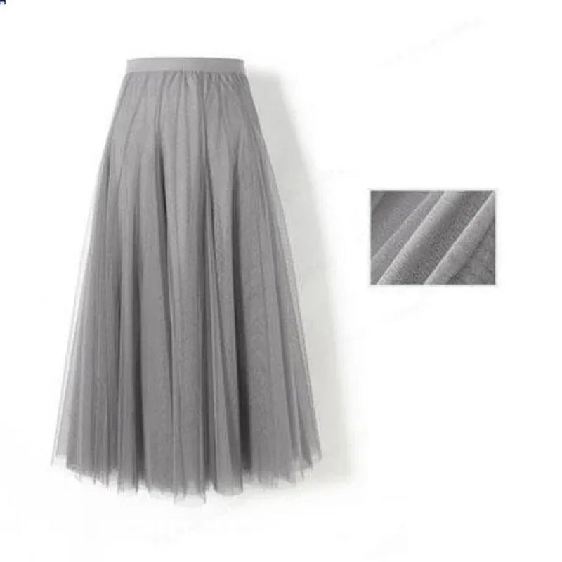 New Women Mesh Elastic Tutu Skirt Beach Spring Summer Korean High Waist Fashion Pleated Long Skirt Black White Tulle Skirts-Gennys fashion