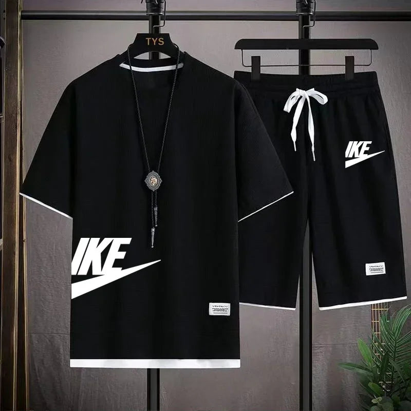 Men'S Set,New Summer Print,Quick Drying Fashionable Korean Sportswear,Men'S Short Sleeved T-Shirt+Shorts Jogging Set-Gennys fashion