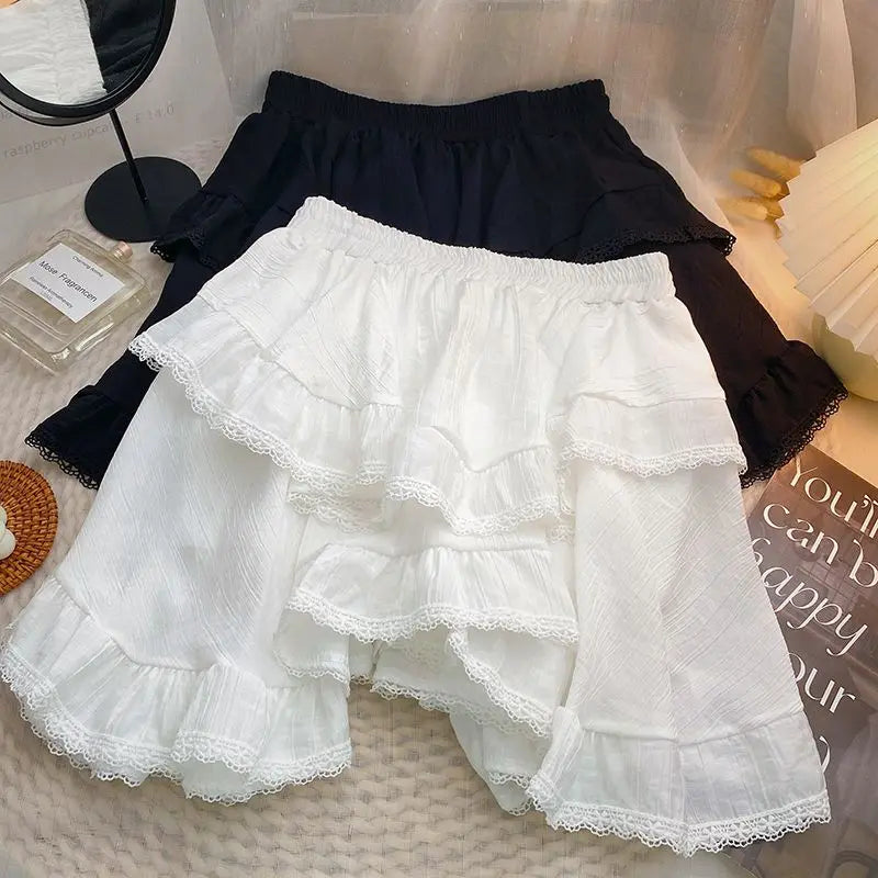 Elastic Waist White Black Irregular Mini Kawaii Skirt Japanese Style School Y2K Aesthetic Ruffles Short Skirt Women Streetwear-Gennys fashion