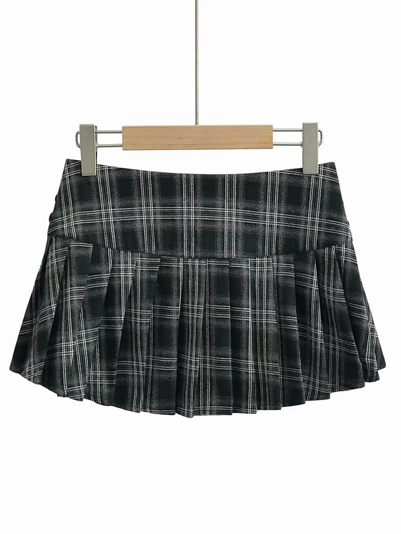 2024 Women New Fashion Preppy Style Plaid Printed Pleated Mini Skirt Hot Sweet Low Waist Sexy Super Short Skirts-Gennys fashion