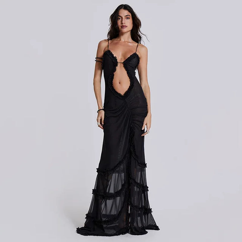 Women Noble Furry Halter Sleeveless Hollow Dress Camisole Shrunk Split Wave Cut Dress Luxury Prom Occasion Evening Gown-Gennys fashion