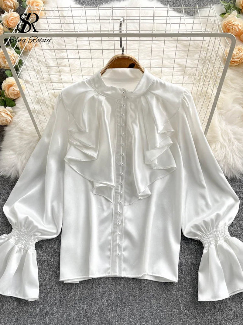 SINGREINY High Quality Satin Loose Shirt Long Flared Sleeves Ruffles O Neck Beading Women Gentle Office Lady Casual Blouse-Gennys fashion