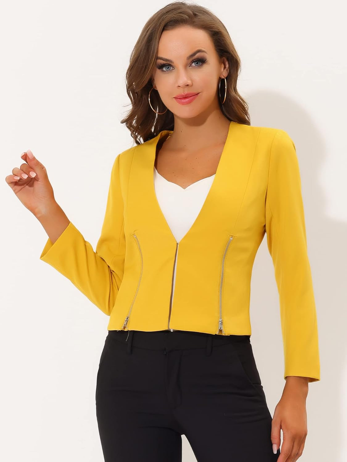 Women'S Crop Collarless Blazers Suit Zip Decor Work Office Jackets Blazer-Gennys fashion