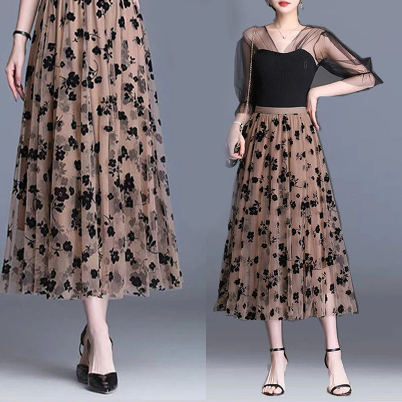 Elegant Mid-Length All-Match High-Waist Slimming Flocking Floral Mesh Long Gauze Skirts Women 2023 Autumn Winter High Waisted-Gennys fashion