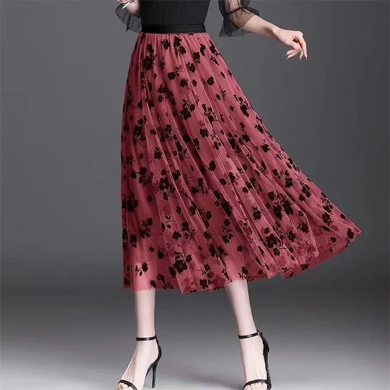 Elegant Mid-Length All-Match High-Waist Slimming Flocking Floral Mesh Long Gauze Skirts Women 2023 Autumn Winter High Waisted-Gennys fashion