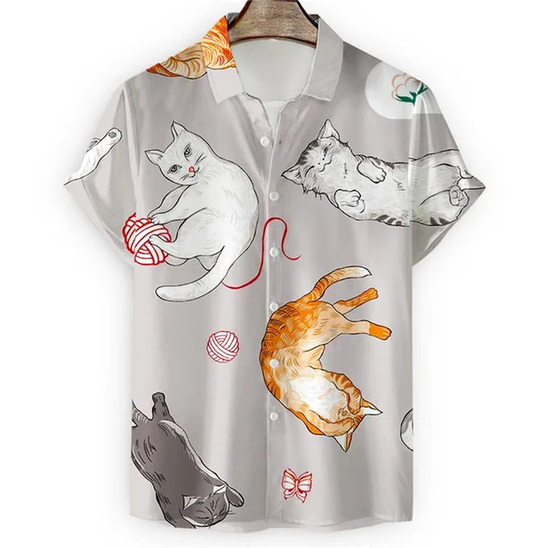 Men'S Hawaiian Collar Shirt 3D Printing Short Sleeve Cute Cat Casual for Men Vintage Clothes Harajuku Floral Blouse-Gennys fashion