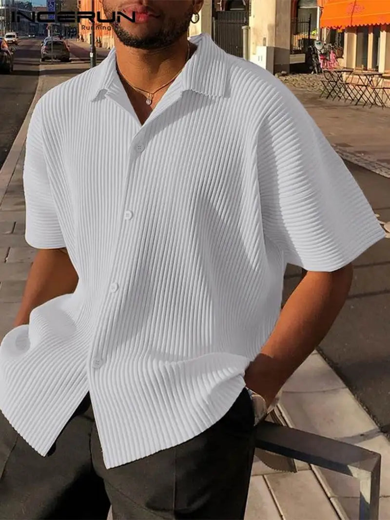 American Style Casual Simple New Men'S Solid Blouse Streetwear Male Loose Comfortable Pleated Short Sleeve Shirts S-5XL-Gennys fashion