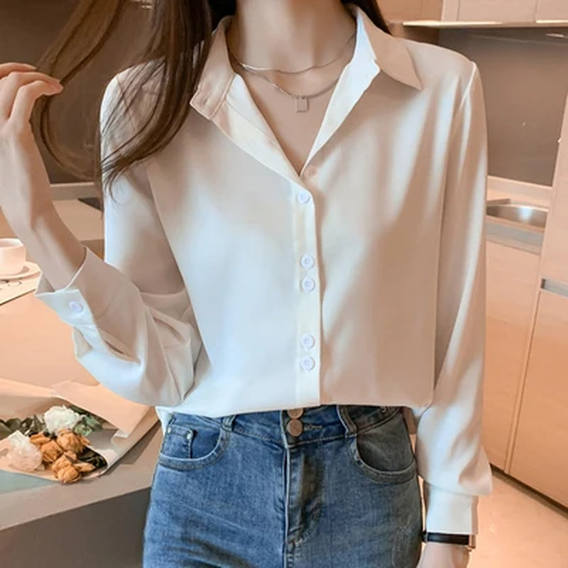 Women'S Silk Shirts V-Neck Solid Laides Tops Womens 2023 Spring Fashion Satin Long Sleeve Blouses Button up White OL Vintage Top-Gennys fashion