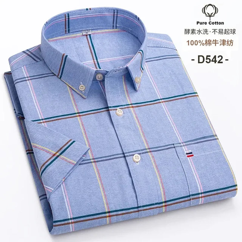 New Men'S Social Shirt Short Sleeve 100% Pure Cotton Oxford Soft Buttoned Plaid Formal Male Clothes Oversized Shirt plus Size-Gennys fashion