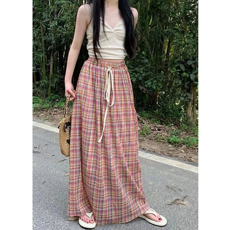 Vintage Y2K Plaid Skirts Women Harajuku Streetwear Drawstring Long Skirt Woman Summer Elastic High Waist A-Line Skirts-Gennys fashion