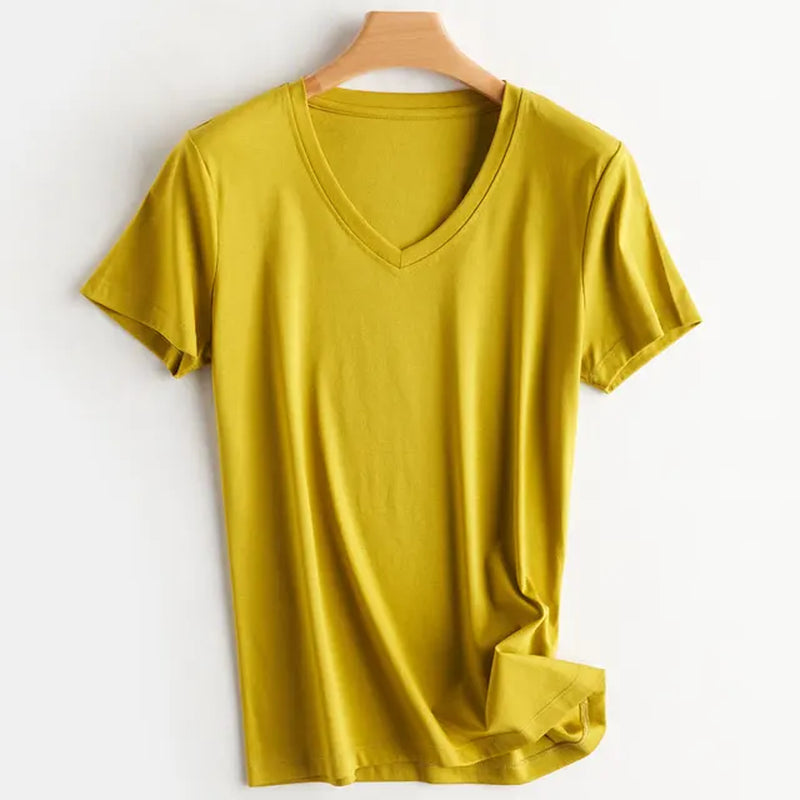 Summer 100% Mercerized Cotton Women Silk T-Shirts O Neck Short Sleeve Loose Straight Tops Simple Casual Tees for Minimalist 2023-Gennys fashion