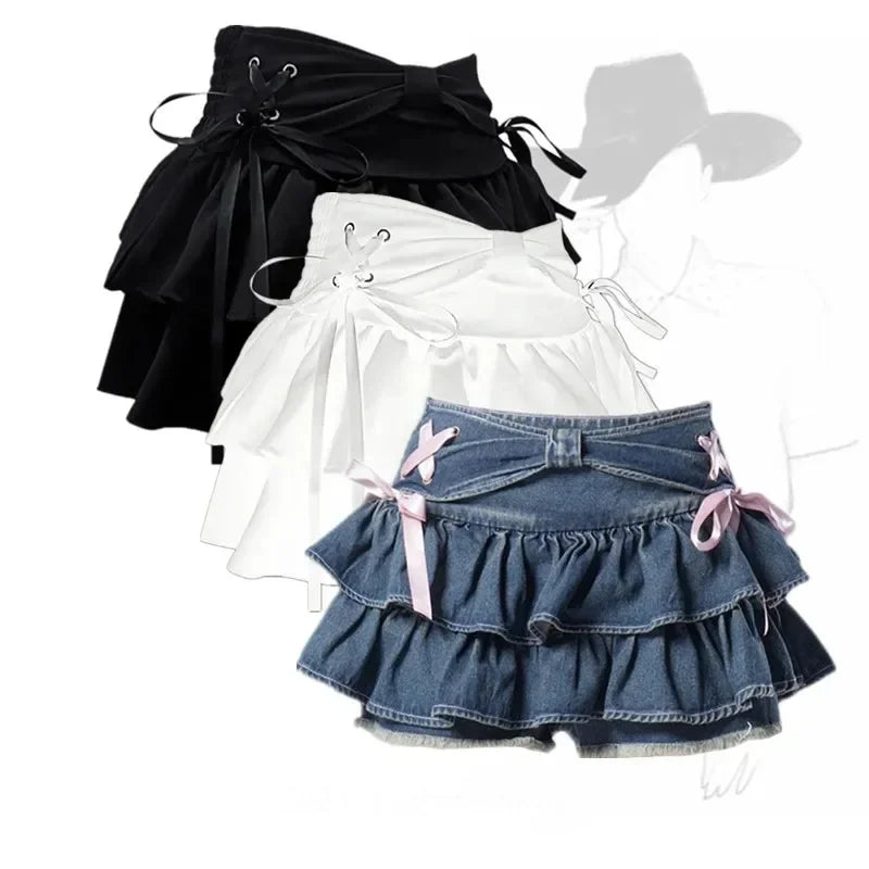 Blue Denim Pleated Skirt Bow Fold Design Women'S A-Line Short Skirt Built in Shorts American Spicy Girl Korean Fashion Hotsweet-Gennys fashion