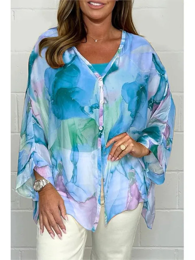 Chiffon Shirt Women 2024 Summer V- Neck Flare Sleeve Thin Top Women Casual Loose Colorful Print Single Breasted Blouse Chemise-Gennys fashion