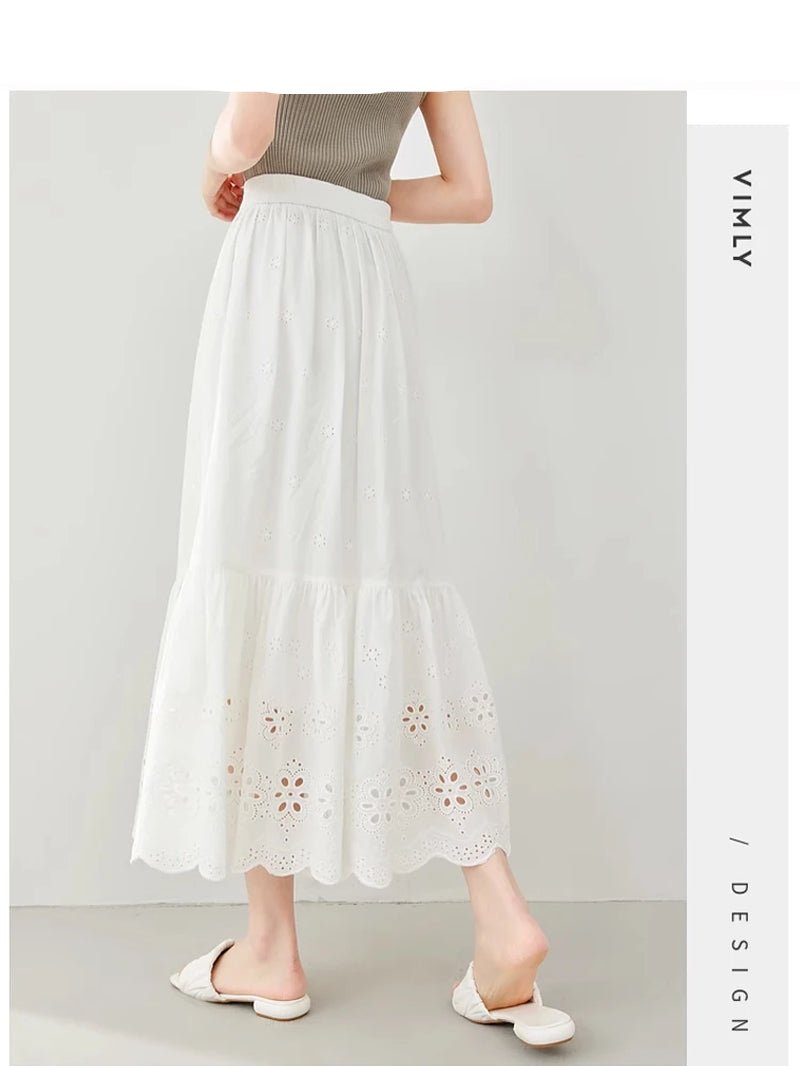 Cotton 100% White Skirt Women 2024 Spring French Style Elastic Waist Hollow Out A-Line Swing Skirts Woman'S Clothing M5958-Gennys fashion