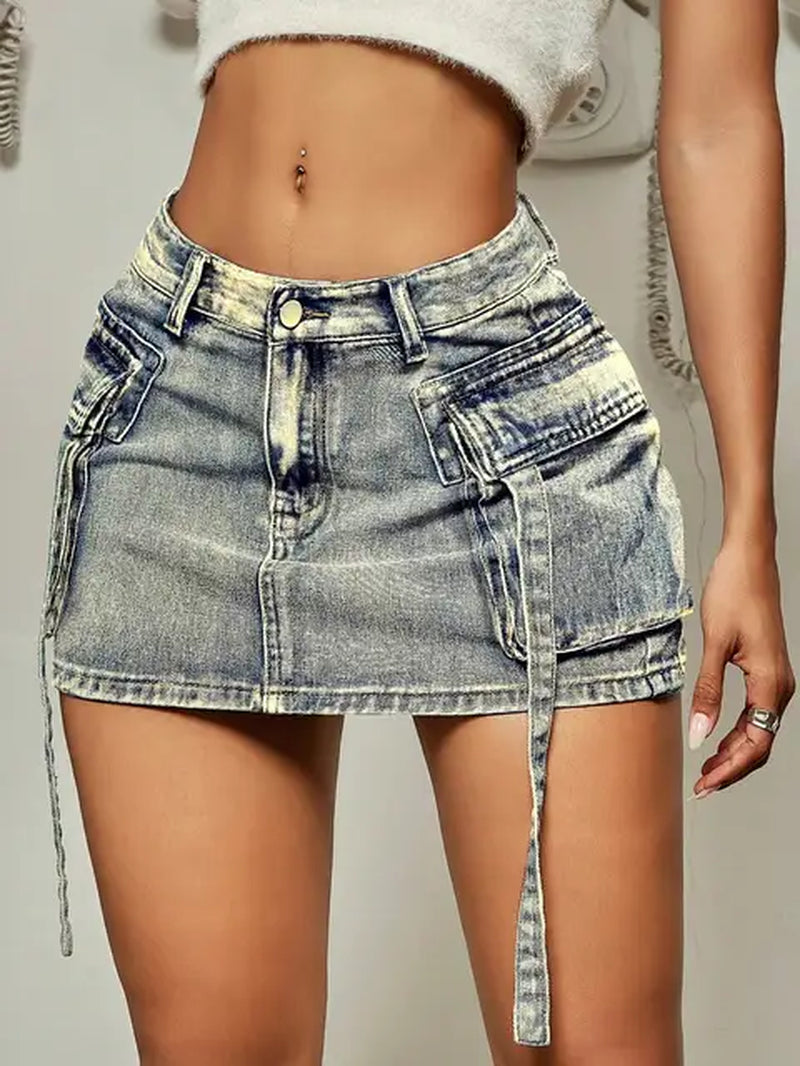 2023 Trendy Street Tooling Style Flap Pocket Ribbon Details Slim Workwear Denim Mini Skirt High Street Clothing-Gennys fashion