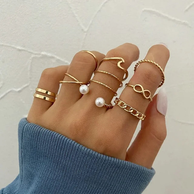 Crystal Rings Set Vintage Women Butterfly Pearl Geometric Hollow Ring Girls Anillos Jewelry Bague Adjustable Funk Jewellery-Gennys fashion