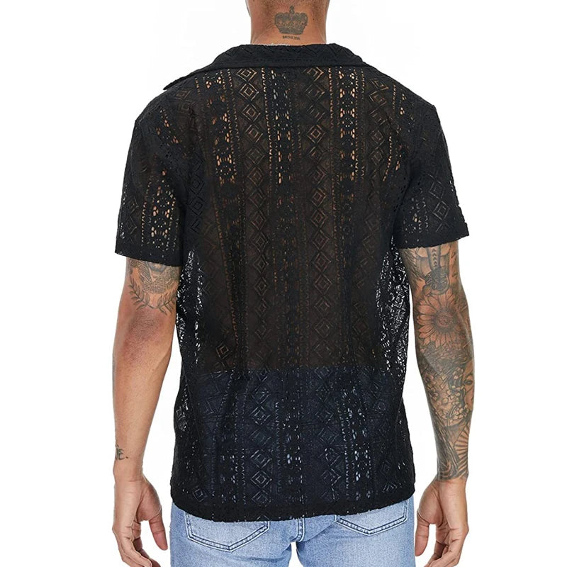 Men'S Short-Sleeve Hollow-Out Lace Shirt Single Breasted Lapel Perspective Shirt Top-Gennys fashion