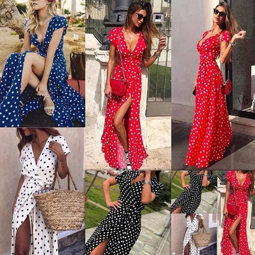 Summer Ladies Long Split Dress Polka Dot Beach Dress Maxi Dress Women Evening Party Dress Floor-Length Beach Hobo Sundress-Gennys fashion