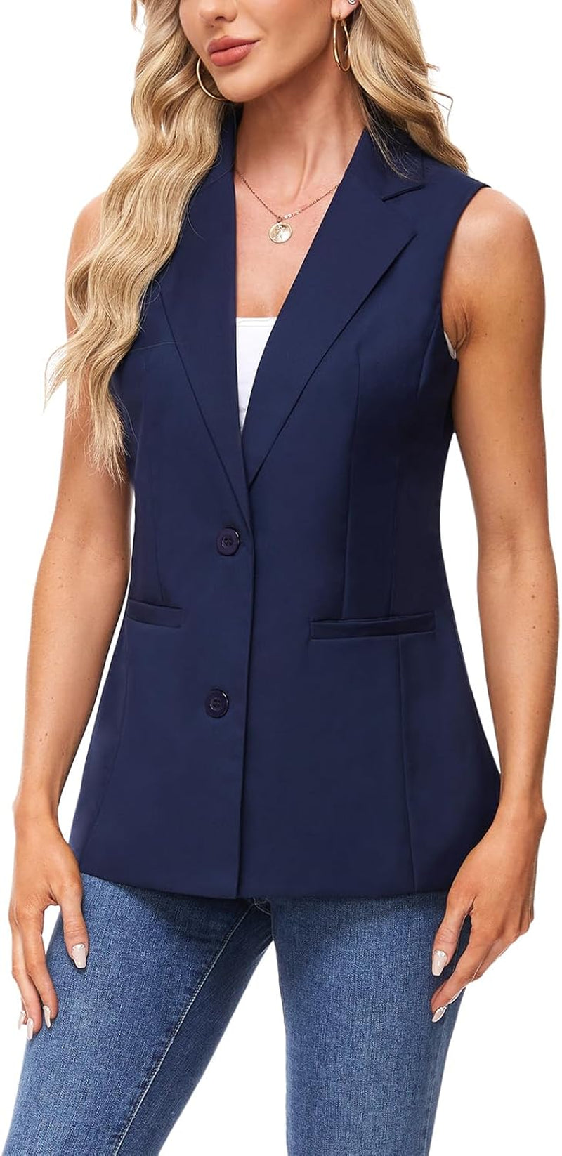 Sleeveless Blazer for Women Notch Lapel Waistcoat Vest Loose Jacket Casual Outerwear with Buttons Pockets-Gennys fashion