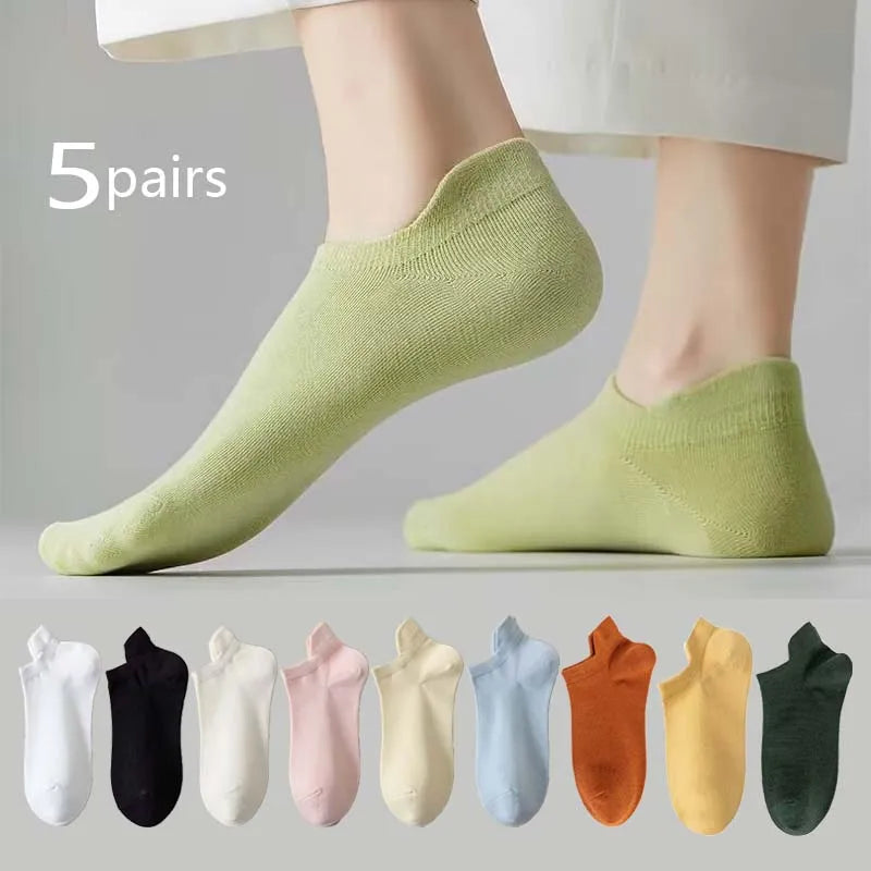 5 Pairs Women Socks Candy Color Breathable Sports Socks Solid Color Boat Socks Comfortable Cotton Ankle Socks-Gennys fashion