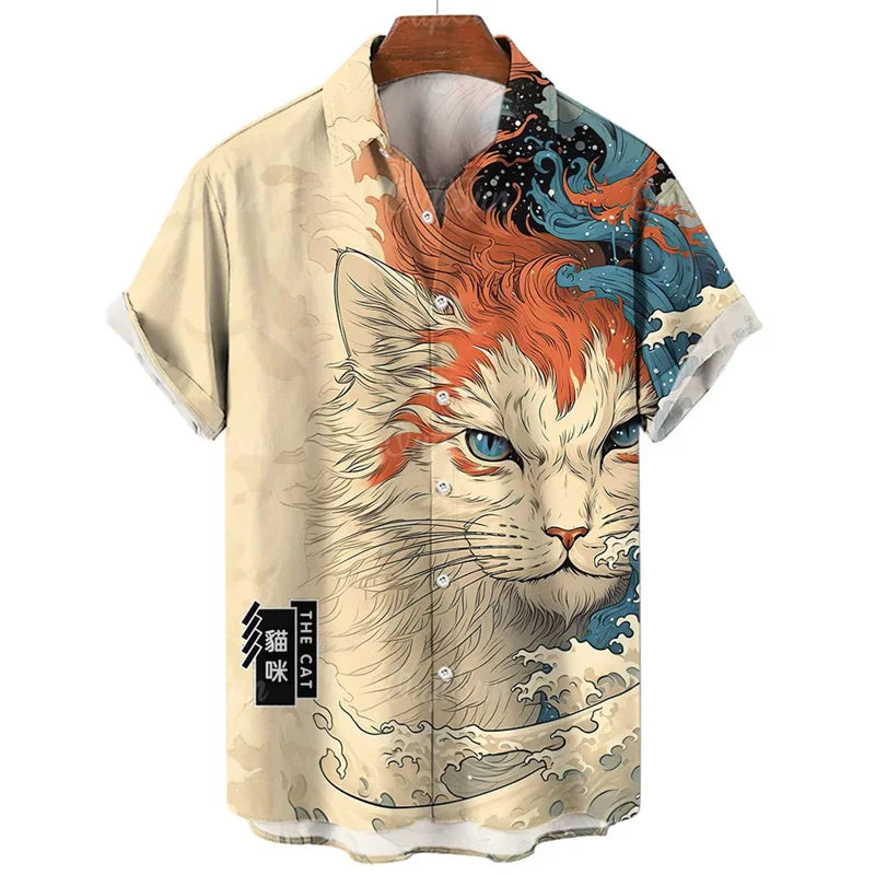 Fashion Hawaiian Shirt 3D Animal Cat Printed Short Sleeves Summer Beach Floral Lapel Shirts Men Streetwear Tops Blouse Clothes-Gennys fashion