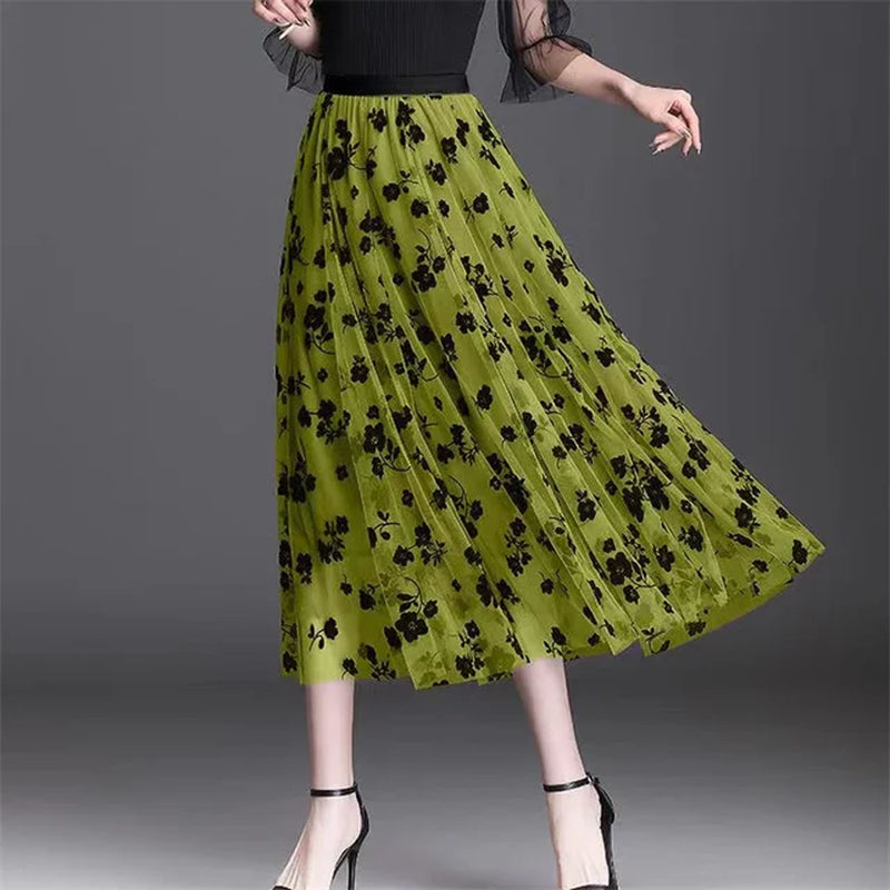 Elegant Mid-Length All-Match High-Waist Slimming Flocking Floral Mesh Long Gauze Skirts Women 2023 Autumn Winter High Waisted-Gennys fashion