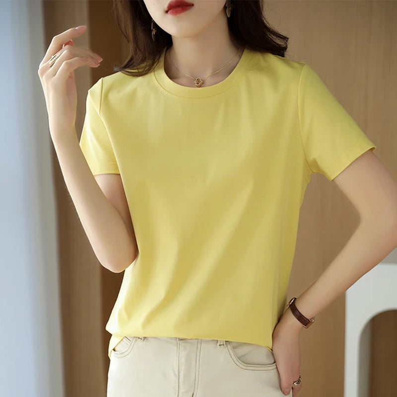 Summer 100% Mercerized Cotton Women Silk T-Shirts O Neck Short Sleeve Loose Straight Tops Simple Casual Tees for Minimalist 2023-Gennys fashion