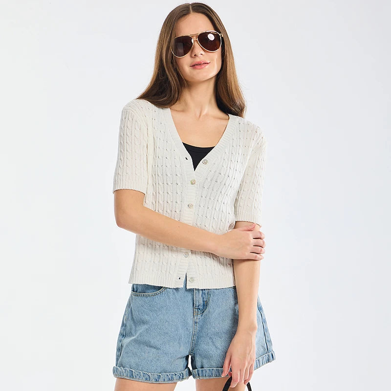 Summer Thin Cardigan for Women Solid Cropped Cardigans Button V Neck Short Sleeve Knitted Tops Brown Slim Sweater Spring 2024-Gennys fashion