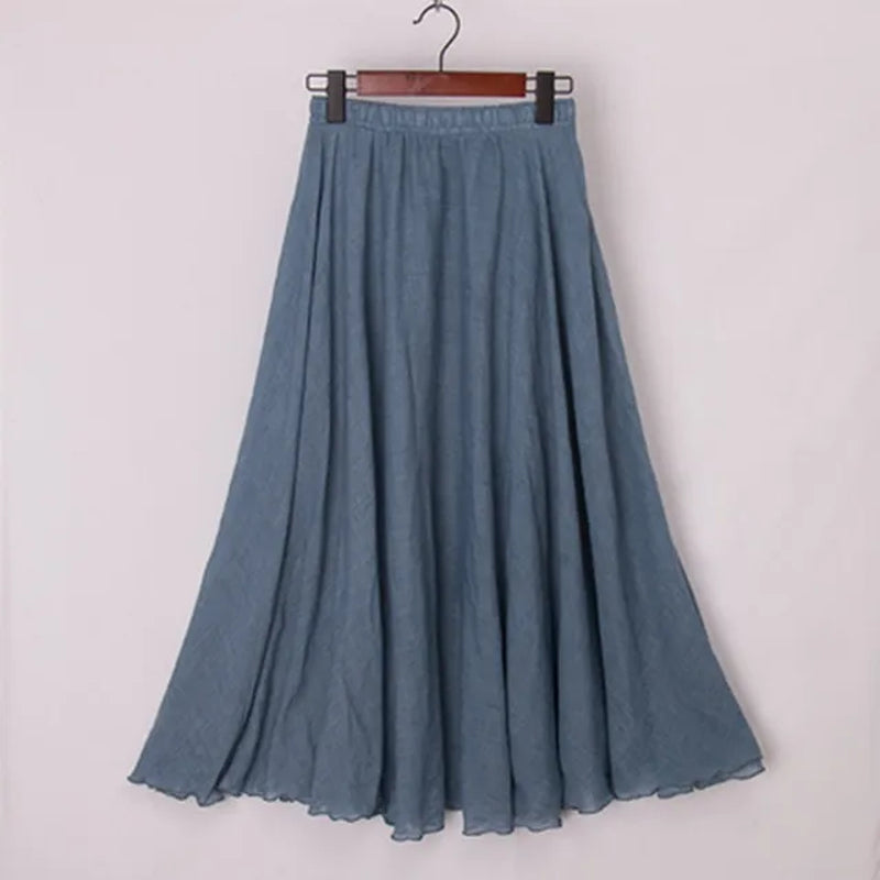 High Quality Cotton Linen Maxi Skirt Womens Casual Elastic High Waist Pleated A-Line Beach Skirts Boho Saia Feminina Faldas Jupe-Gennys fashion