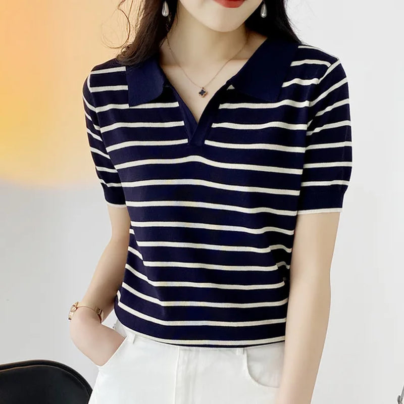 Women Summer POLO T-Shirt Causal Cotton Short Sleeve Lady T Shirt Striped Summer Female Trendy Fashion Top Tee-Gennys fashion