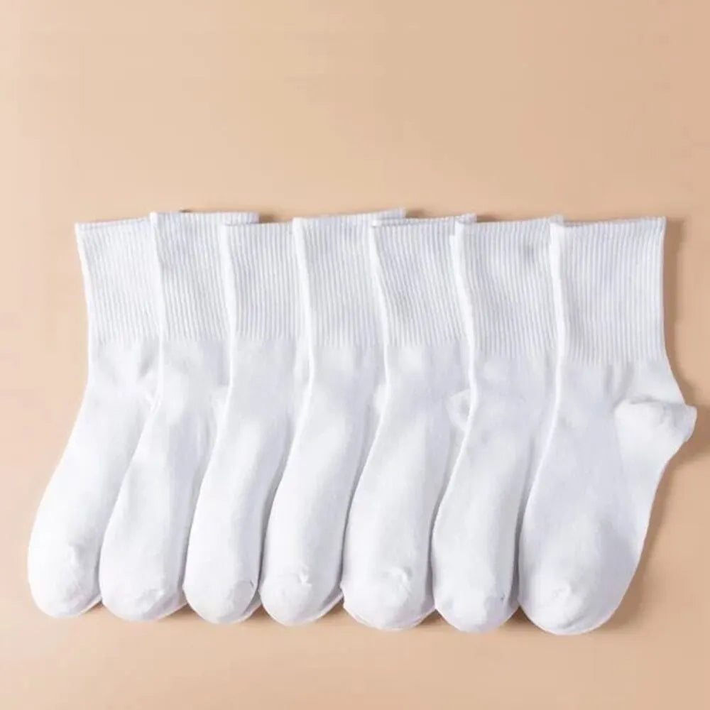 7 Pairs Mid Length Socks Women'S Classic Black White Solid Color Fashionable Casual Sports Sweat Absorbing Breathable Men Socks-Gennys fashion