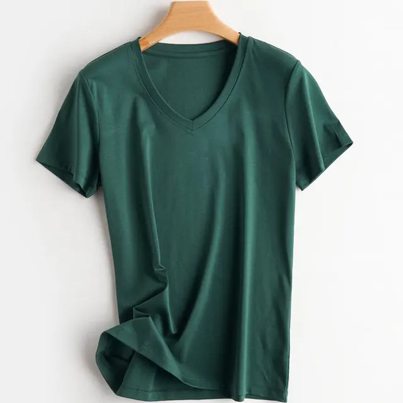 Summer 100% Mercerized Cotton Women Silk T-Shirts O Neck Short Sleeve Loose Straight Tops Simple Casual Tees for Minimalist 2023-Gennys fashion