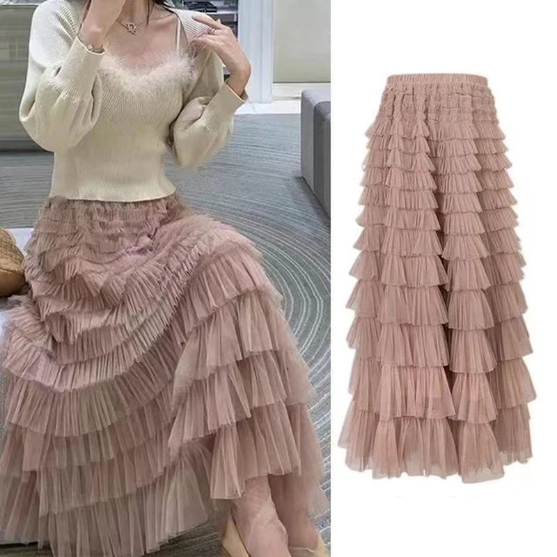 Summer Spring Women’S Multilayer Ruffles Tulle Skirt Pleated High Waist Fluffy Maxi Skirt Fairy Cake Dress Long Tutu Party Skirt-Gennys fashion