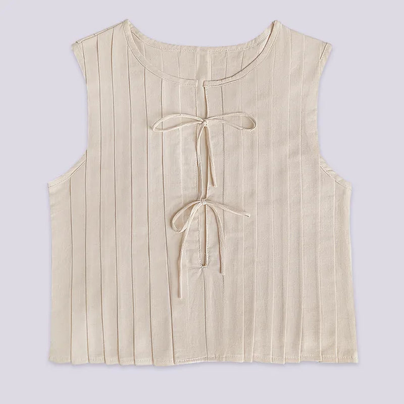 Linen Cotton Pleated Lace up Sleeveless Short Shirt Blouse Female Slim Waist Crop Top Pleated Shirts 2024 New White-Gennys fashion