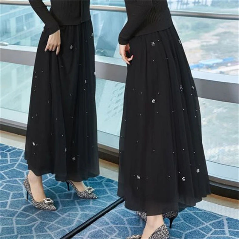 Elegant Mid-Length All-Match High-Waist Slimming Flocking Floral Mesh Long Gauze Skirts Women 2023 Autumn Winter High Waisted-Gennys fashion