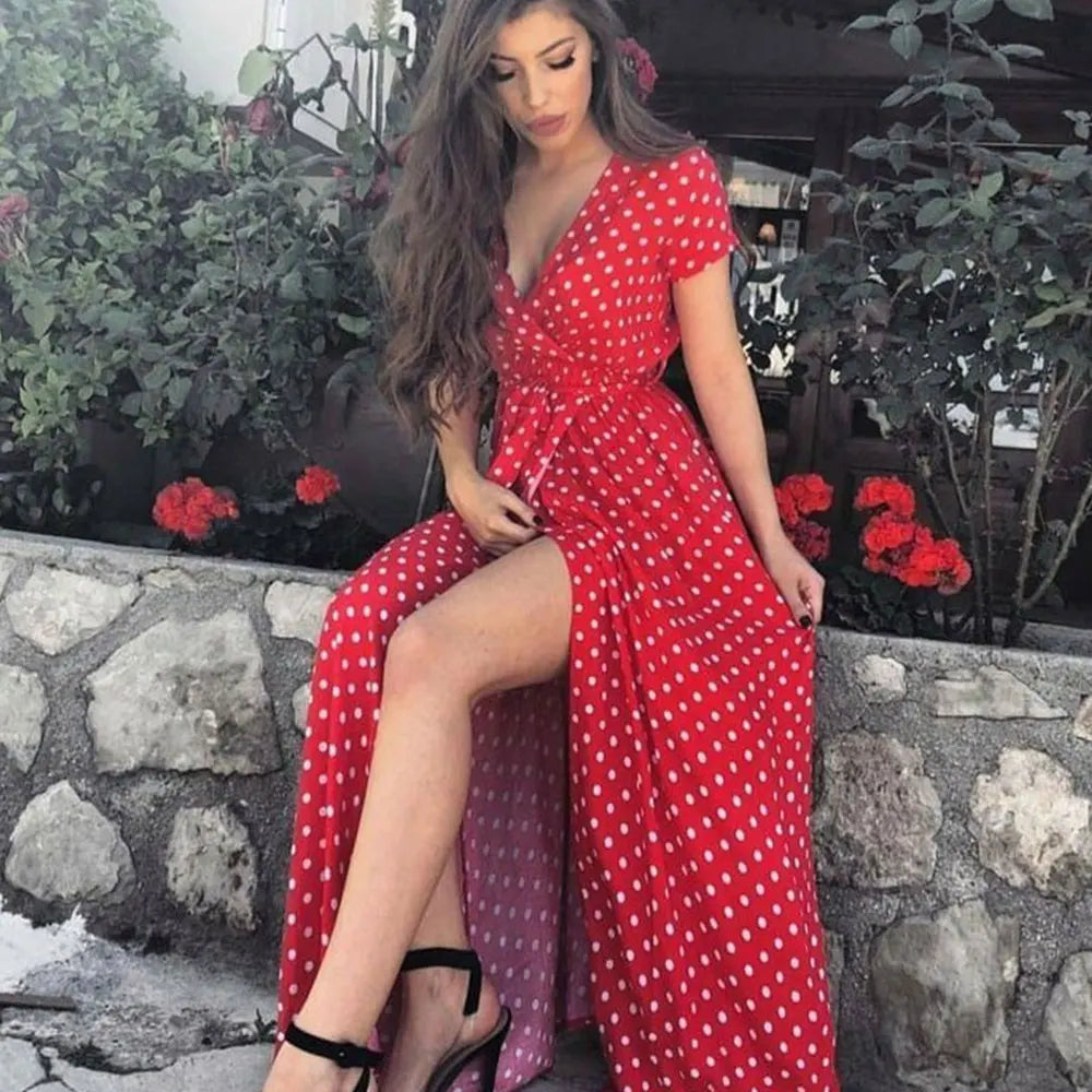 Summer Ladies Long Split Dress Polka Dot Beach Dress Maxi Dress Women Evening Party Dress Floor-Length Beach Hobo Sundress-Gennys fashion