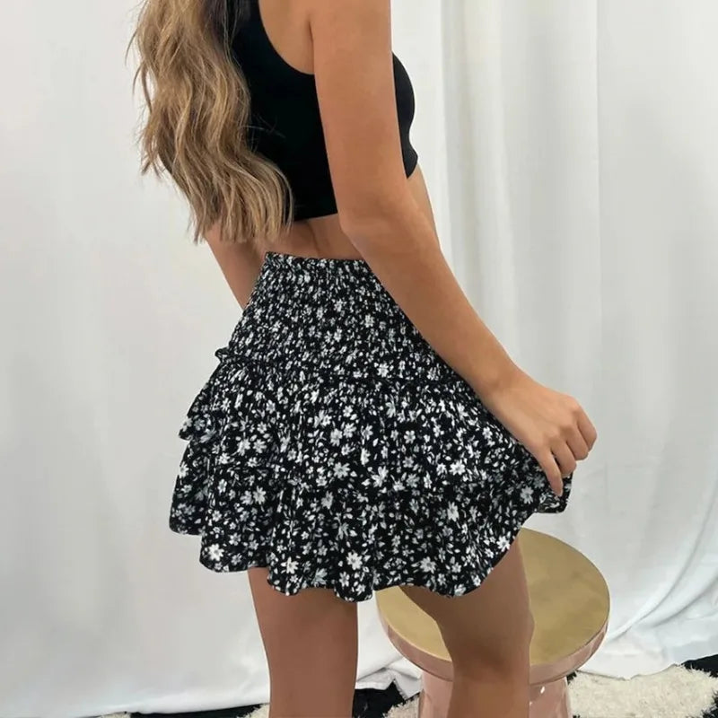 Floral Pleated Short Skirt for Women 2024 Summer Vintage Women'S High Waist Ruffle Mini Skirt Female Vacation Bohemian Dress-Gennys fashion