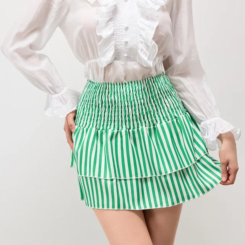 Plaid Print Pleated Short Skirt for Women 2024 Summer Vintage Women'S High Waist Ruffle Mini Skirt Female Vacation Stripe Skirt-Gennys fashion