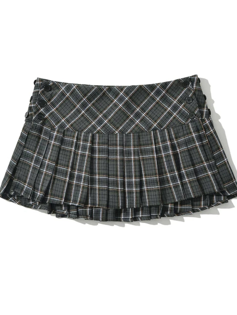 2024 Women New Fashion Preppy Style Plaid Printed Pleated Mini Skirt Hot Sweet Low Waist Sexy Super Short Skirts-Gennys fashion