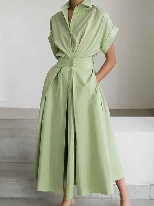 Bonboho Solid Green Polyester Shirt Dress for Women Lapel Short Sleeve Tied Waist Pleated Midi Dress Casual Commuter Dress-Gennys fashion