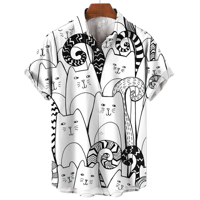 Men'S Hawaiian Collar Shirt 3D Printing Short Sleeve Cute Cat Casual for Men Vintage Clothes Harajuku Floral Blouse-Gennys fashion