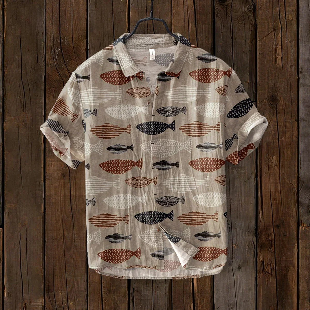 Men'S Short Sleeved Hawaiian Shirt, Japanese Art Retro Fish Print, Loose Breathable Linen Top, Casual Fashion, New, 2024-Gennys fashion