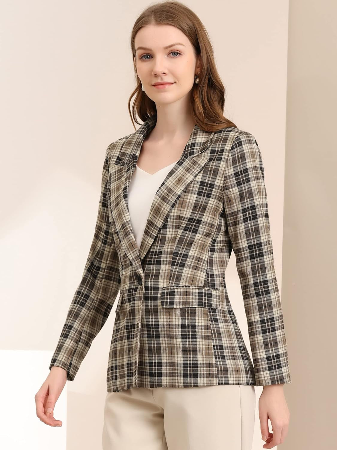 Women'S Blazers Boyfriend Notched Lapel Plaid Blazer Jacket-Gennys fashion