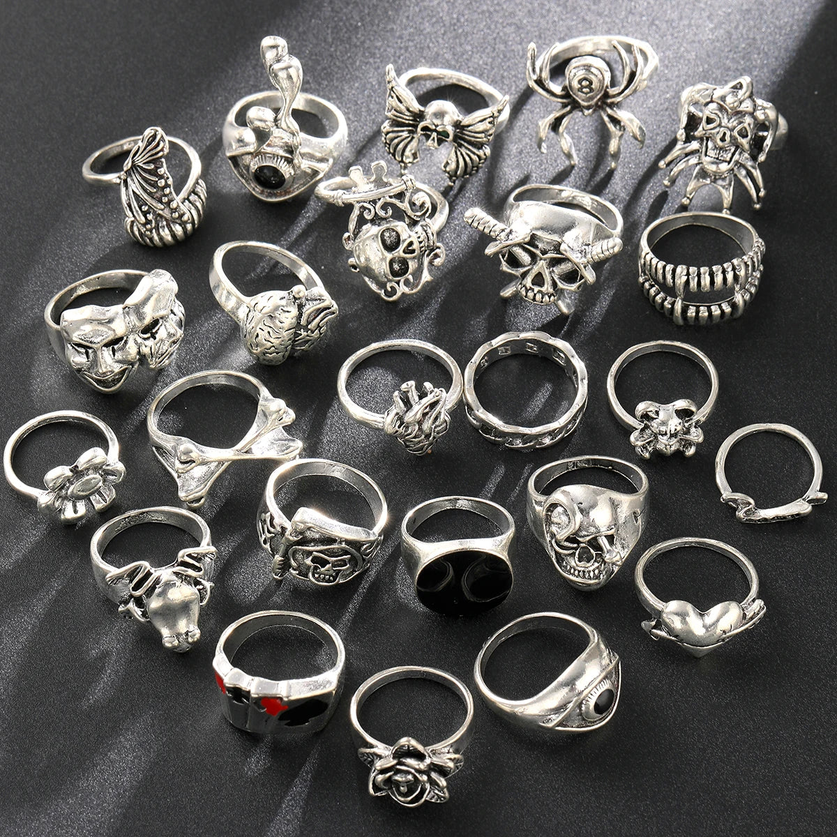 24 Pcs Gothic Skeleton Unisex Ring Set Punk Grunge Butterfly Frog Woman Man Jewelry Hip Hop Party Street Ring Accessories Gift-Gennys fashion